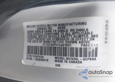 2000 Toyota Camry Solara Se V6 из США, поврежденный, VIN 2T1CF22P5YC421831